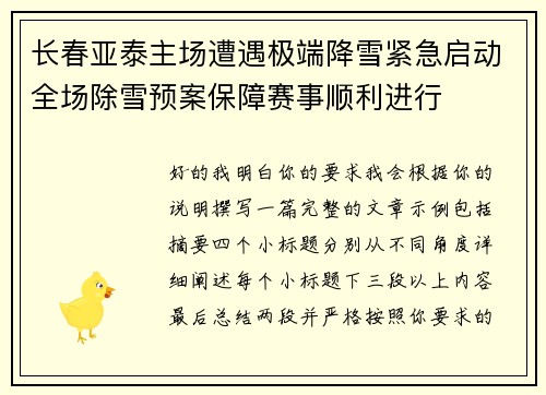 长春亚泰主场遭遇极端降雪紧急启动全场除雪预案保障赛事顺利进行 长春亚泰主场遭遇极端降雪紧急启动全场除雪预案保障赛事顺利进行